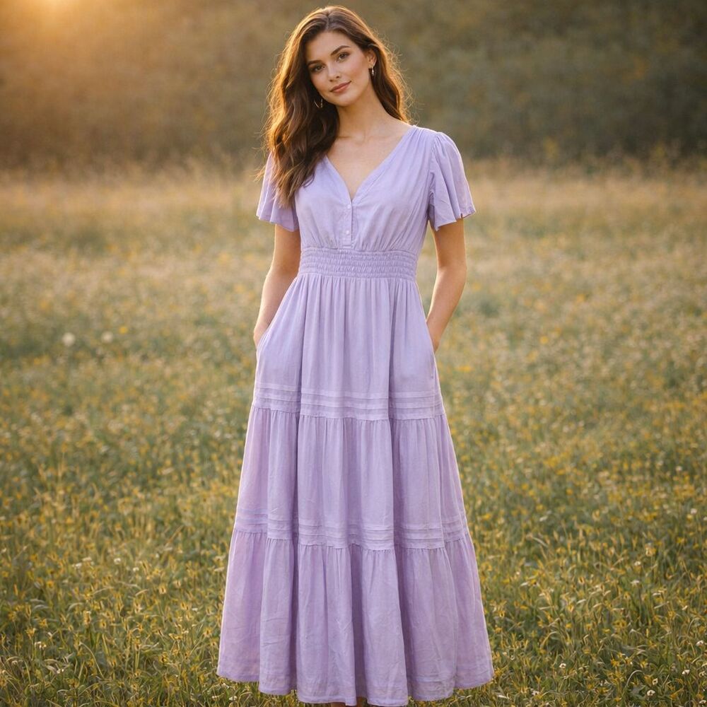 Biltmore Lavender Purple Maxi Dress S Linen Tiered Boho Cottagecore Romantic